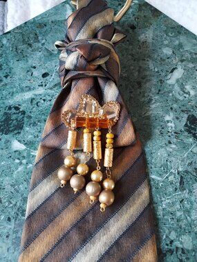 Statement Necktie Necklace with Handcrafted Brooch